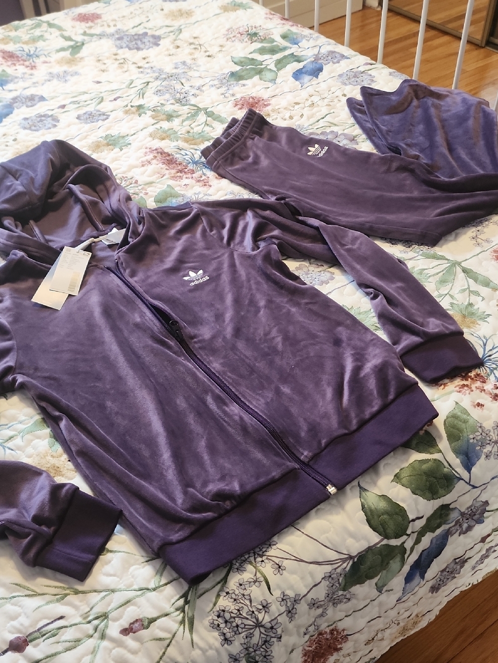 adidas Purple Velour Hooded Track Jacket and Pants Set